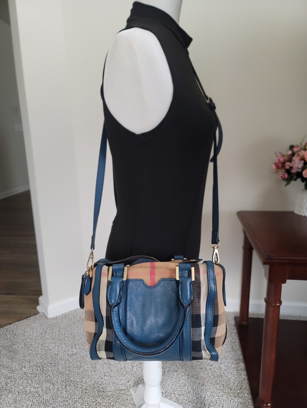 Burberry Sartorial Check Mini Boston Bag,Blue